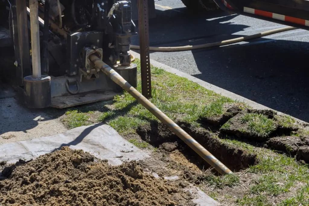 Trenchless machine repairing pipe through a hole in the yard.