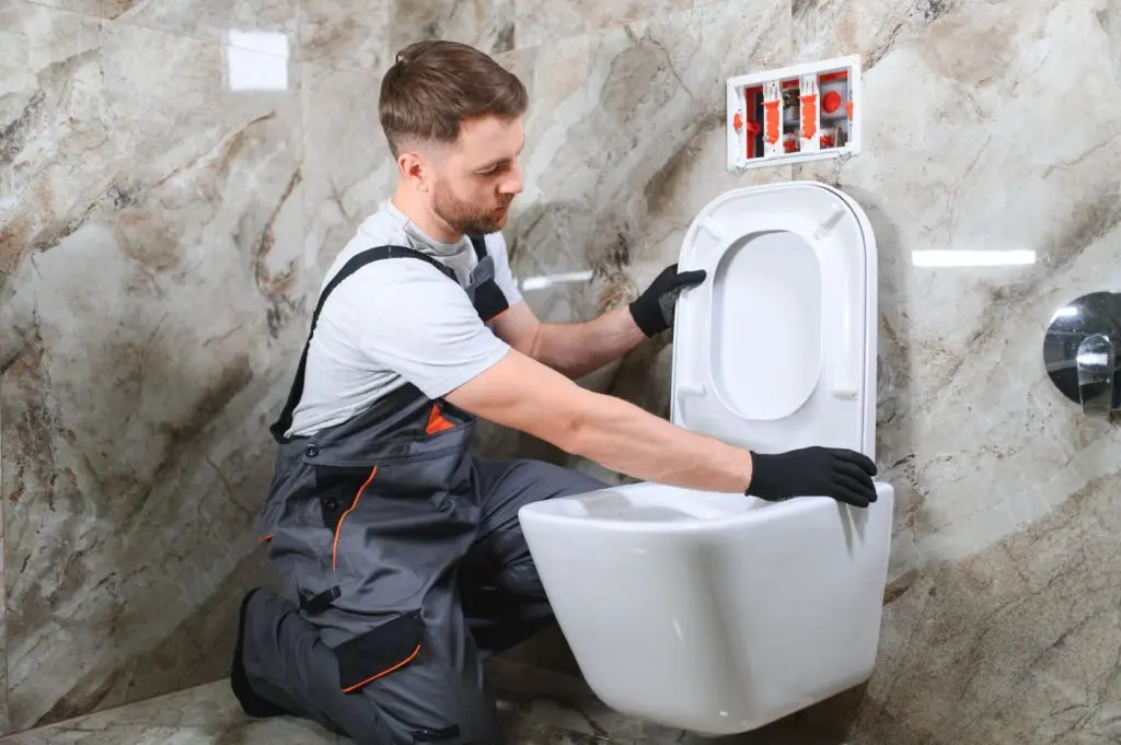 Plumber setting up a new toilet.