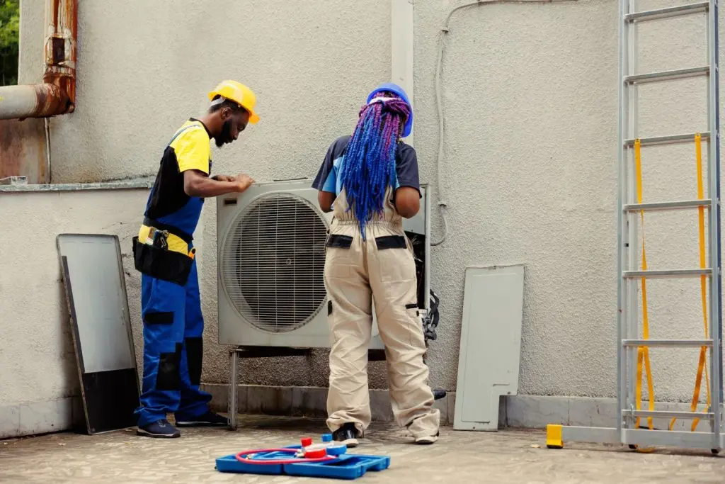 Two technicians replacing an AC unit.