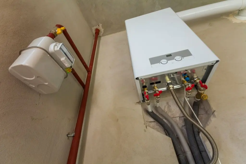 Bottom view of a tankless water heater.