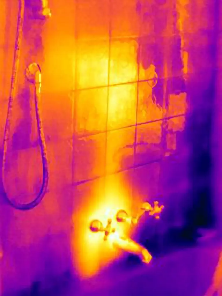 Leak detecting thermal imaging of a shower.