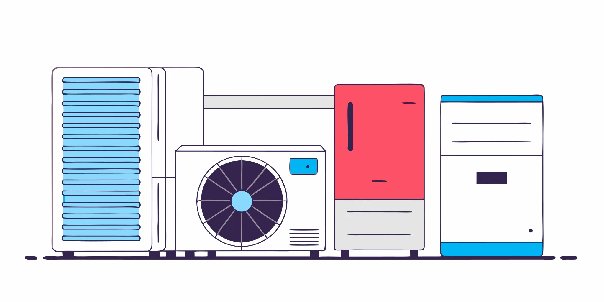 A row of the best home AC units, including split, window, and portable air conditioner models.