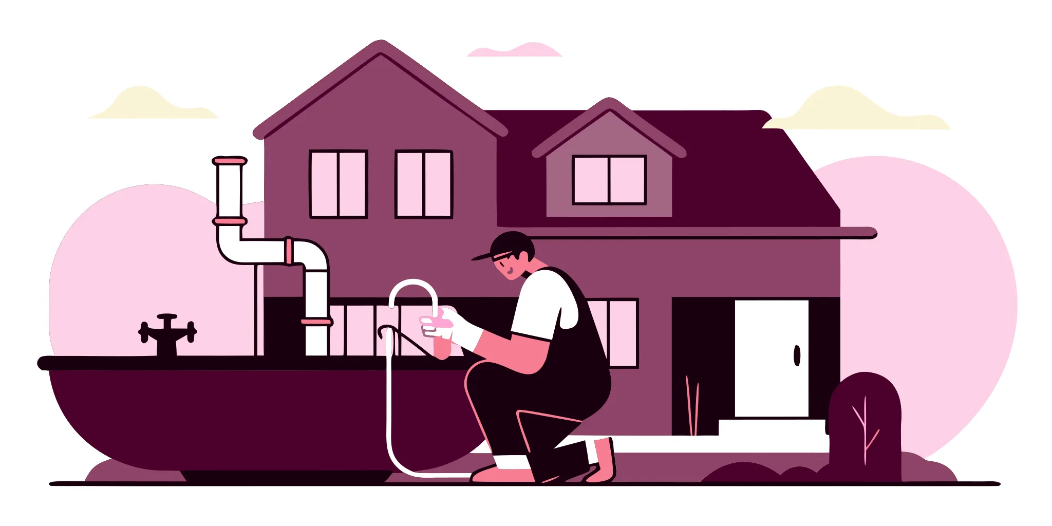 Plumber fixing a clogged main line outside a house.
