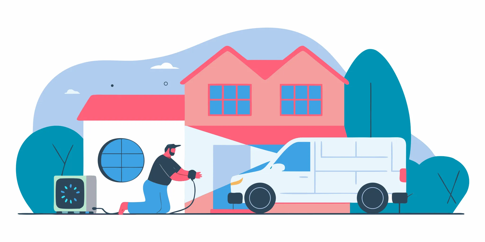 Technician and service van providing 24 hour AC repair for a home air conditioner.