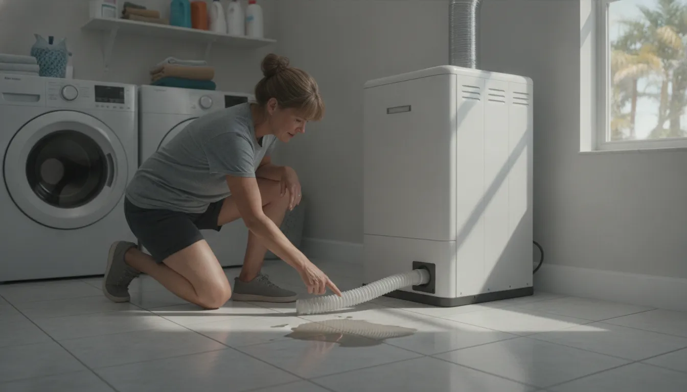 Florida homeowner inspecting an indoor AC air handler with a condensate drain line