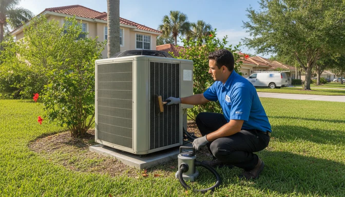 Technician performing AC maintenance at a Palm Bay Florida home