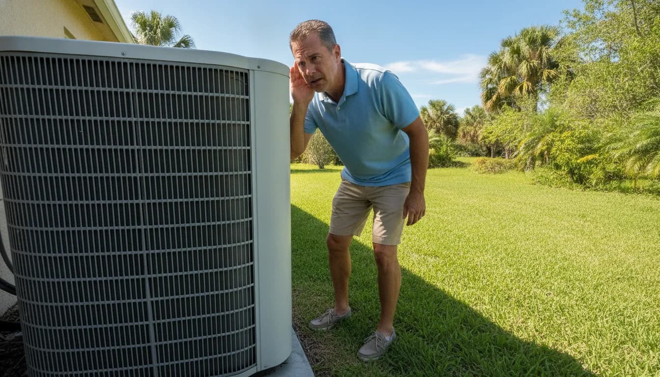 Homeowner listening to a noisy outdoor air conditioner condenser in a Florida yard