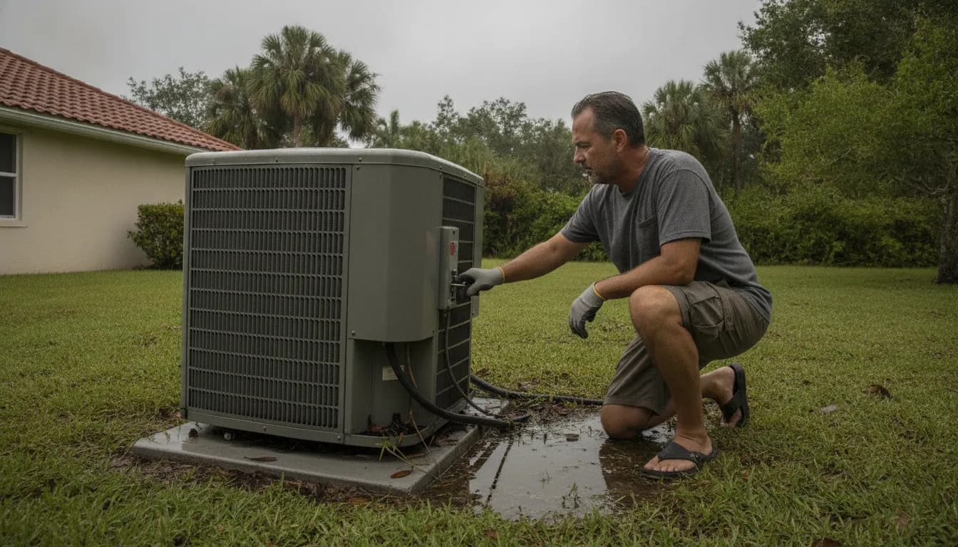 Homeowner inspecting an outdoor AC condenser unit after a storm power outage in Florida