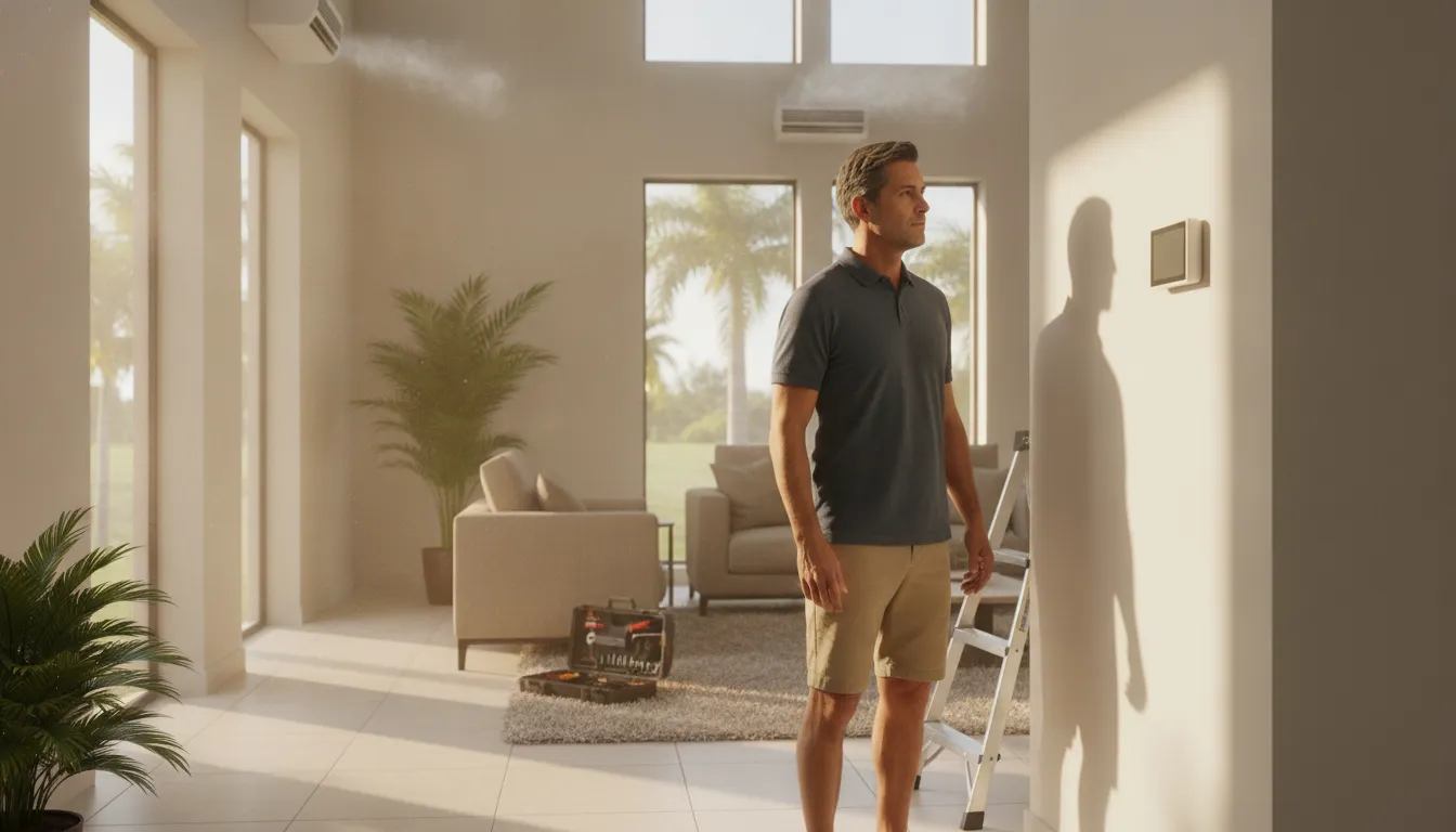 Florida homeowner checking thermostat in living room with warm sunlight
