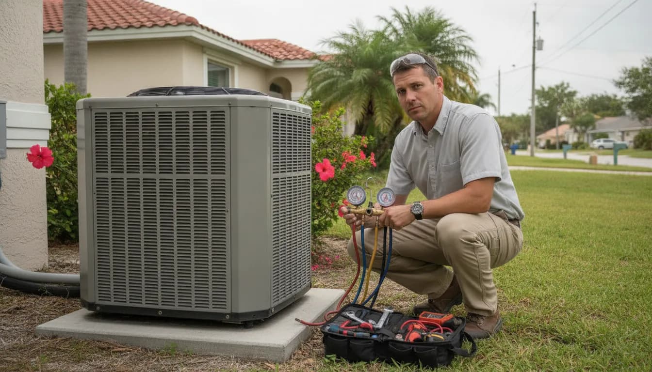 HVAC technician inspecting an AC condenser outside a Florida home