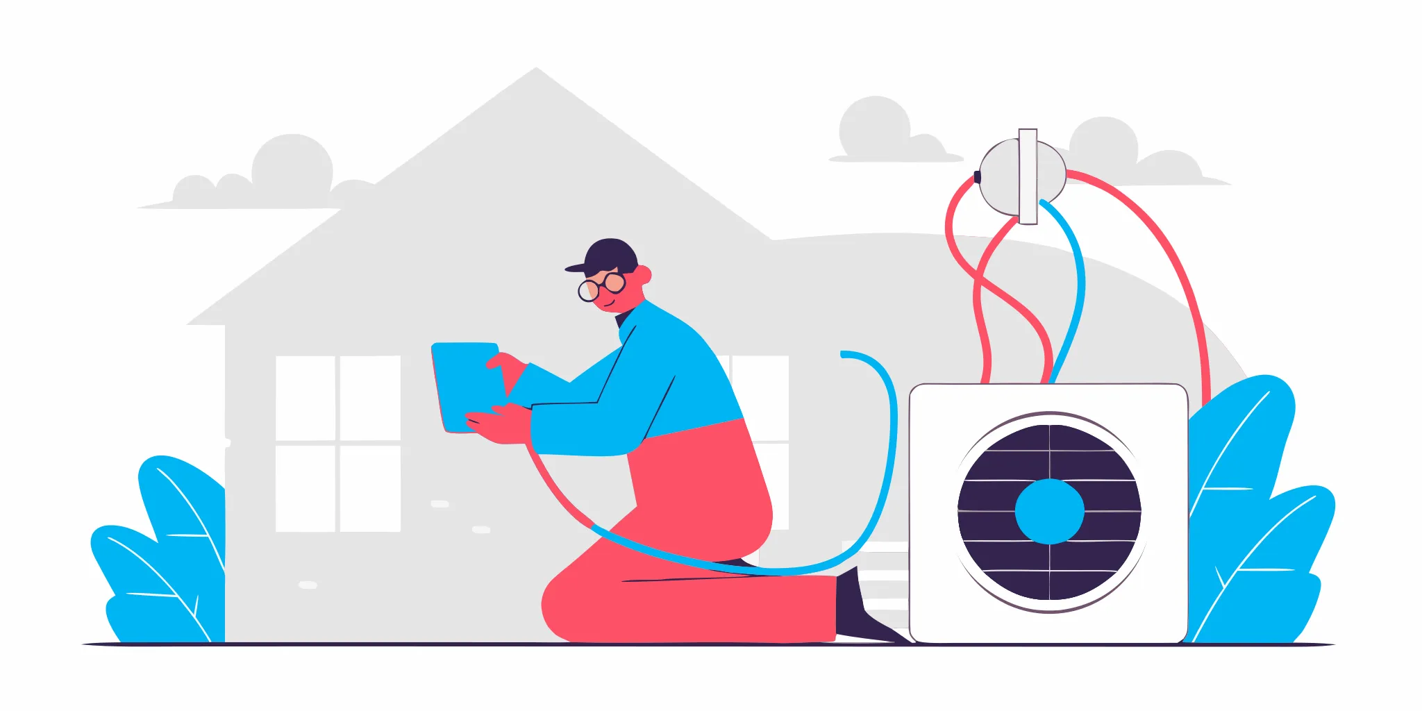 HVAC technician performing local AC repair on an outdoor condenser unit.