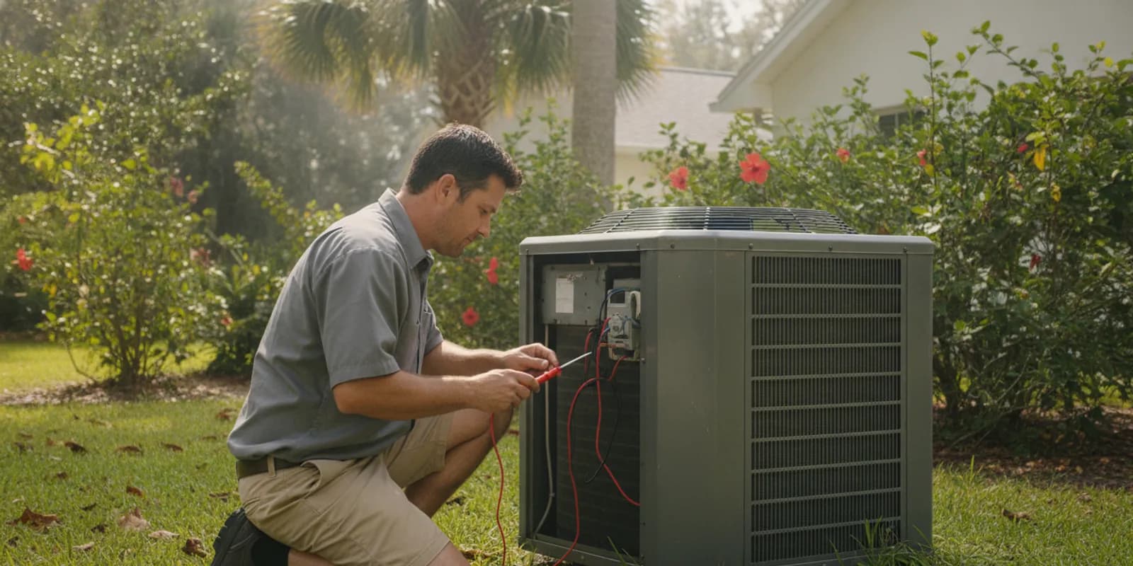 HVAC technician inspecting an outdoor air conditioning unit at a Titusville home