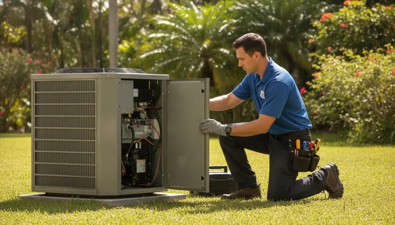 HVAC technician inspecting an AC unit that is running but not cooling the house