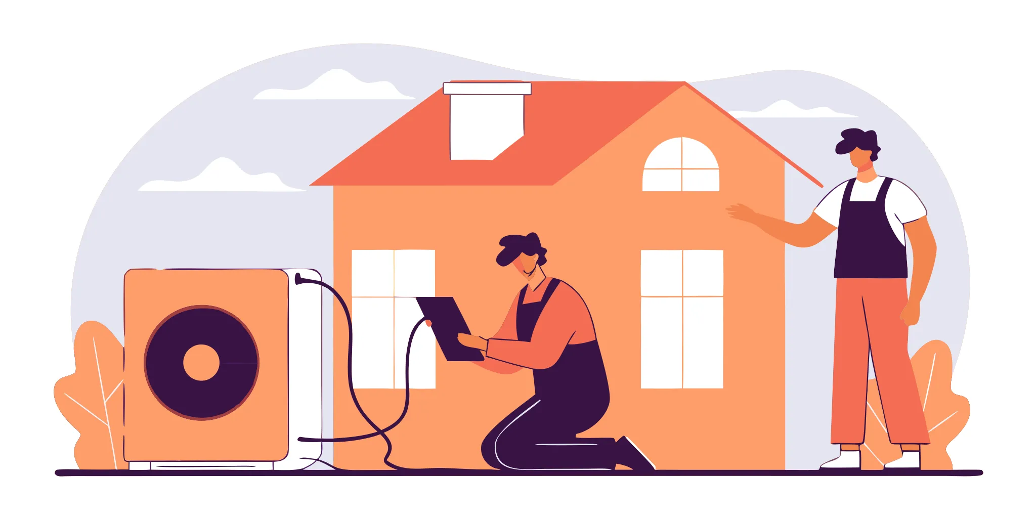 Technician performing air conditioner service on an outdoor unit for a homeowner.