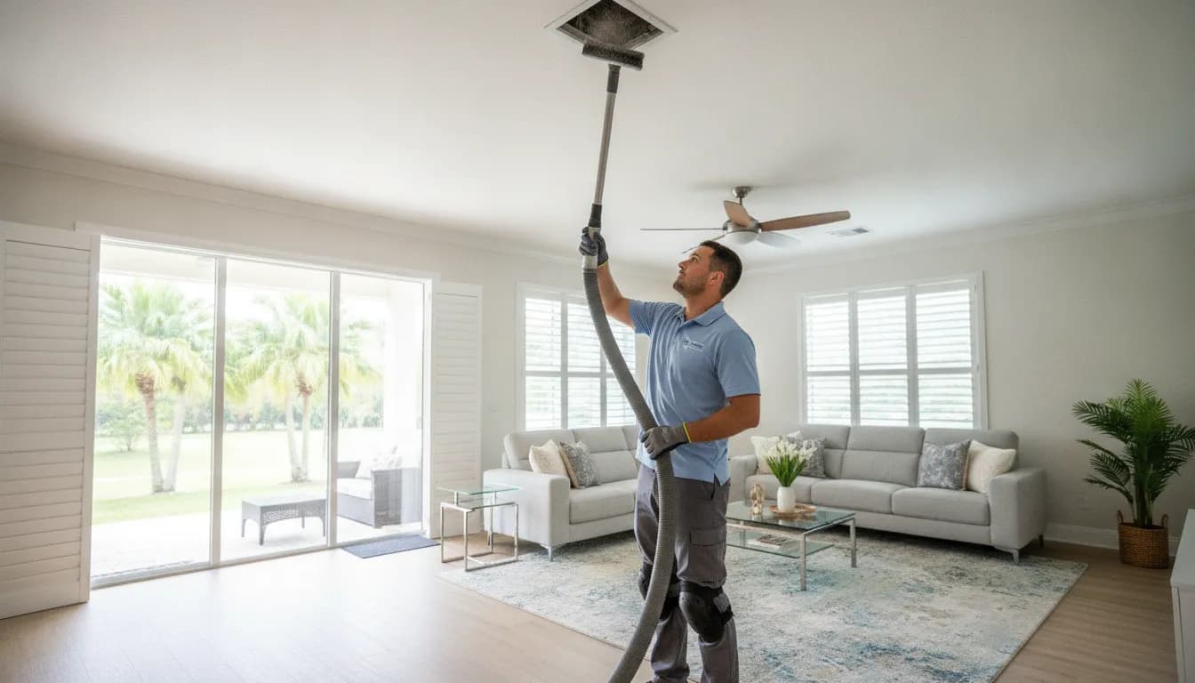 HVAC technician cleaning an air duct register in a Florida home