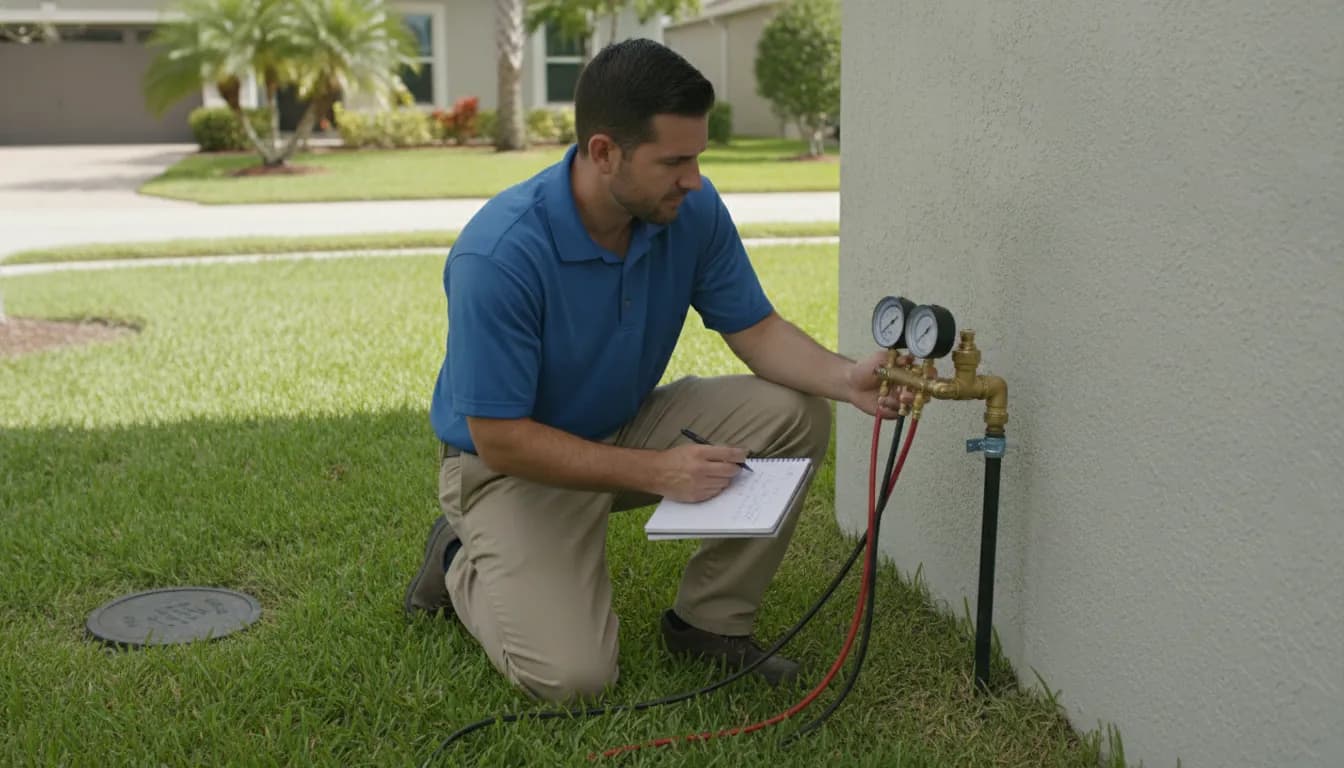 Technician inspecting a residential backflow prevention device