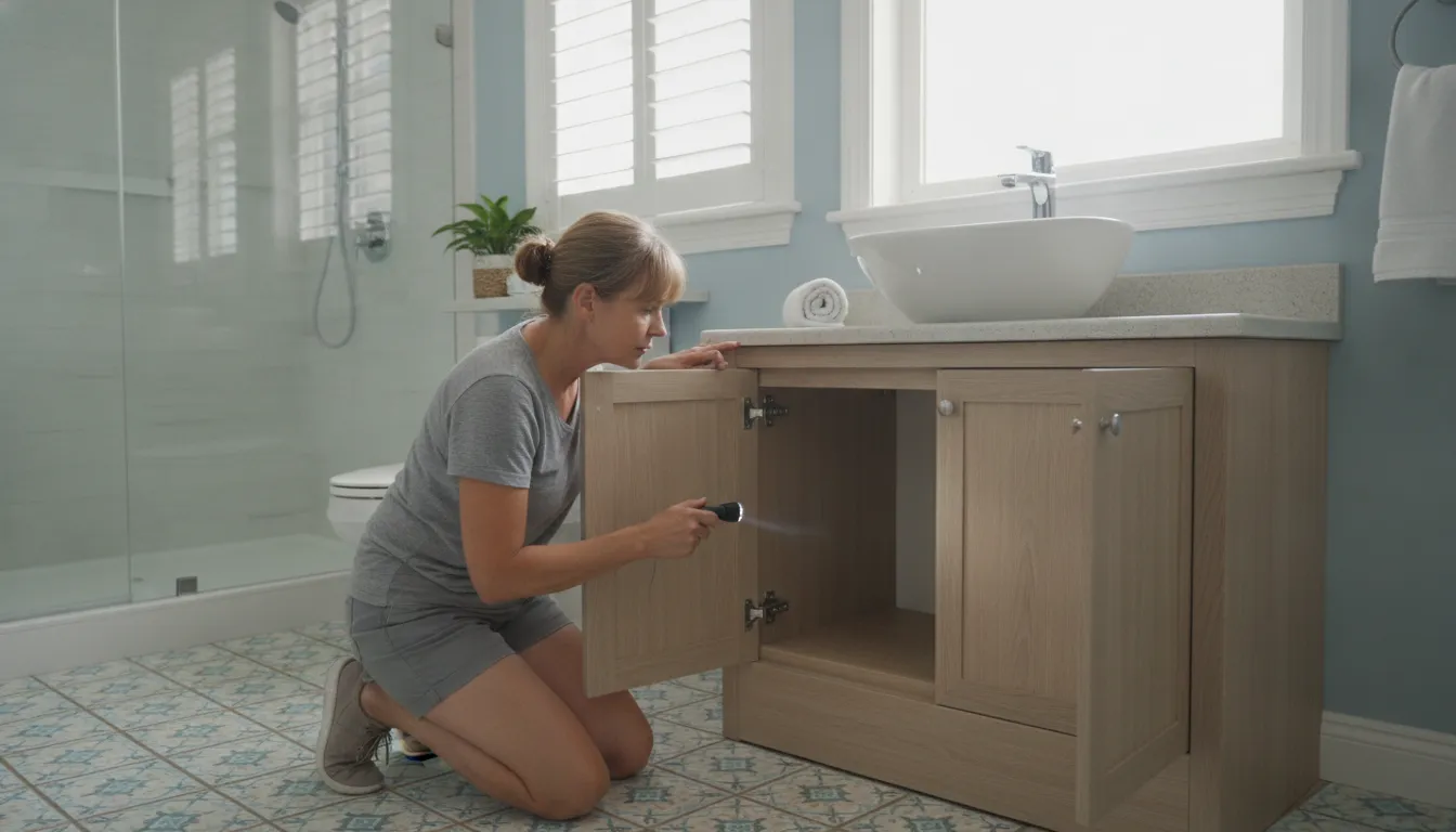 Homeowner inspecting a clean bathroom sink and vanity