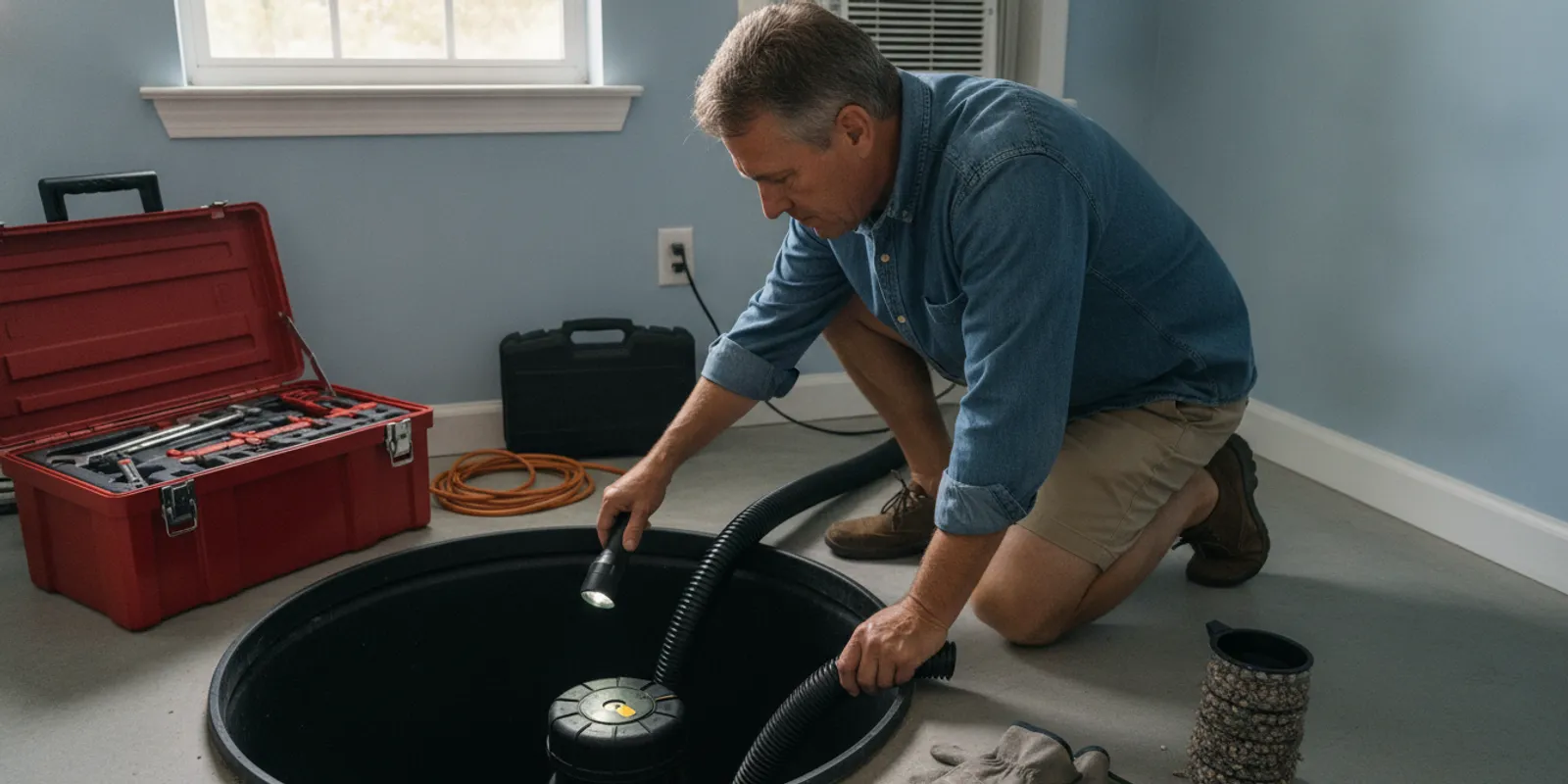 A homeowner inspecting a sump pump in a clean utility area