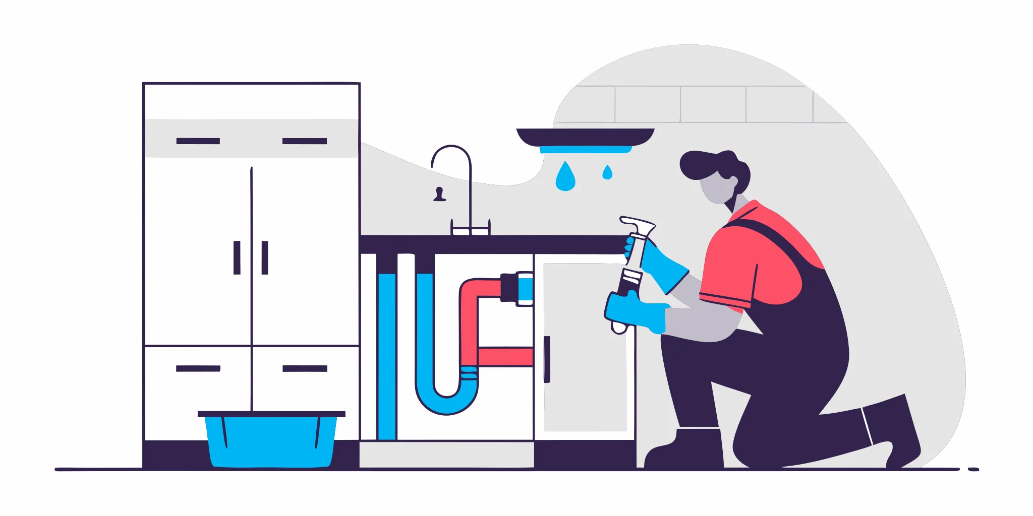 Plumber repairing a burst pipe under a sink, a major factor in burst pipe repair cost.