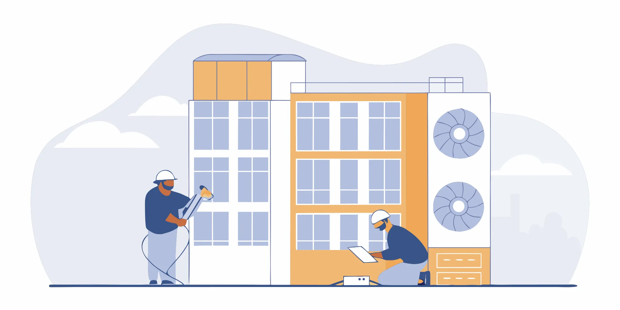 Technicians performing commercial AC repair on a building's rooftop unit for a business.