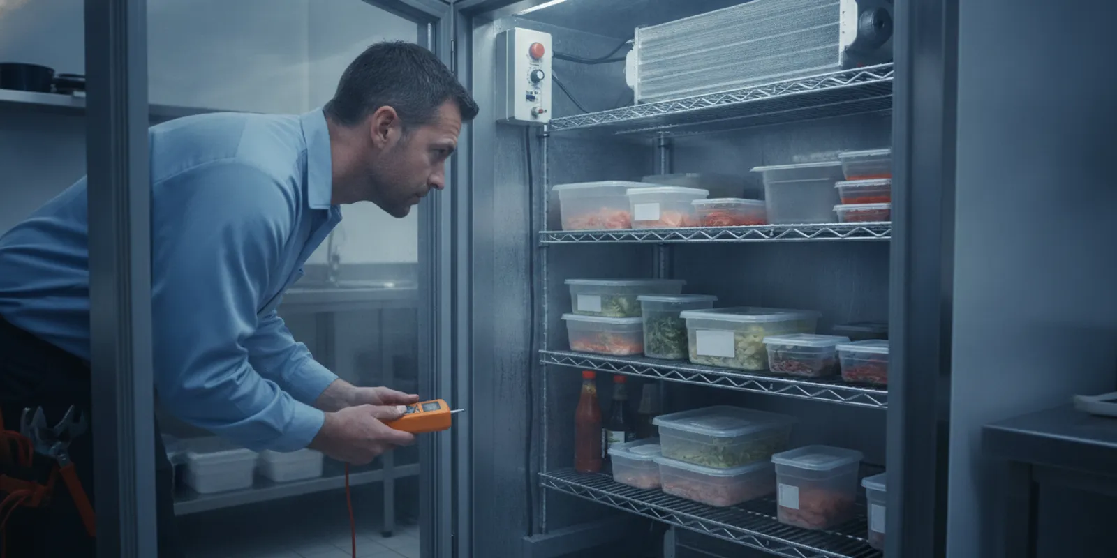 A refrigeration technician inspecting a commercial walk-in cooler at a small Florida business
