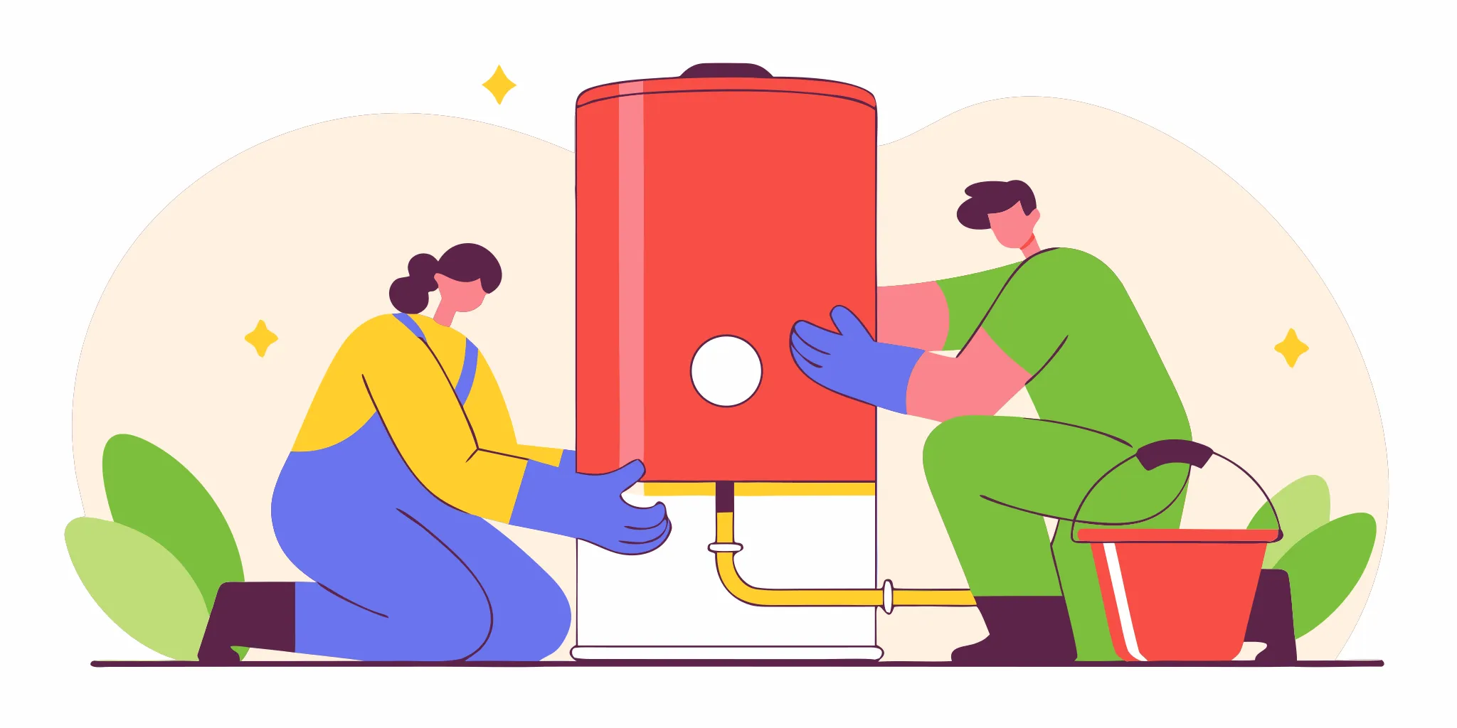 Two people manually draining a water heater for essential maintenance and improved efficiency.