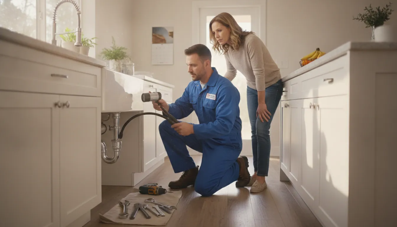 Plumber inspecting a residential drain with a homeowner
