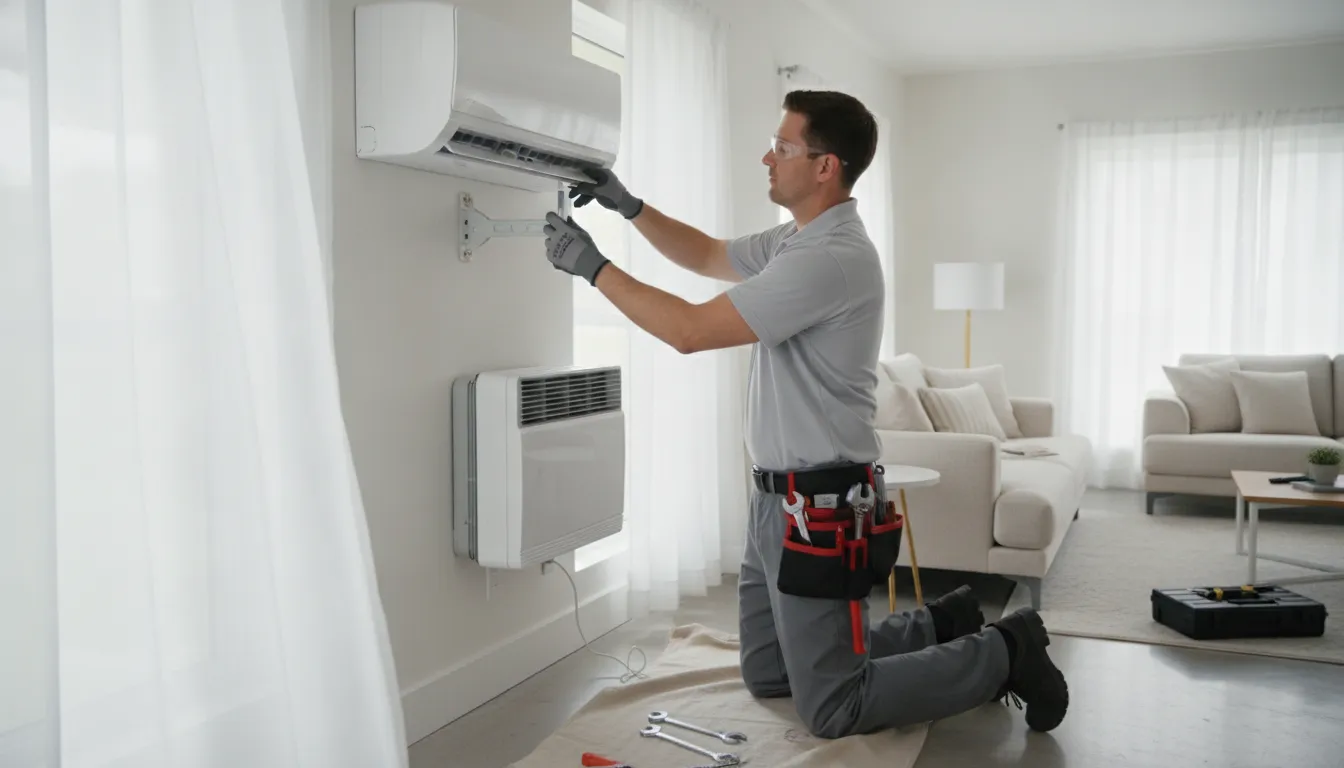 Technician installing a wall-mounted ductless mini split indoor unit in a Florida home