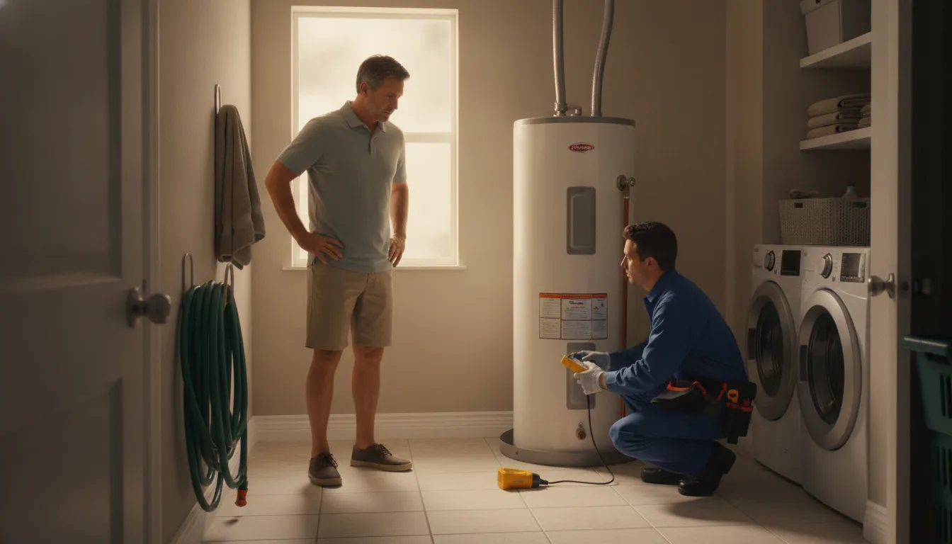 Professional inspecting a residential electric water heater