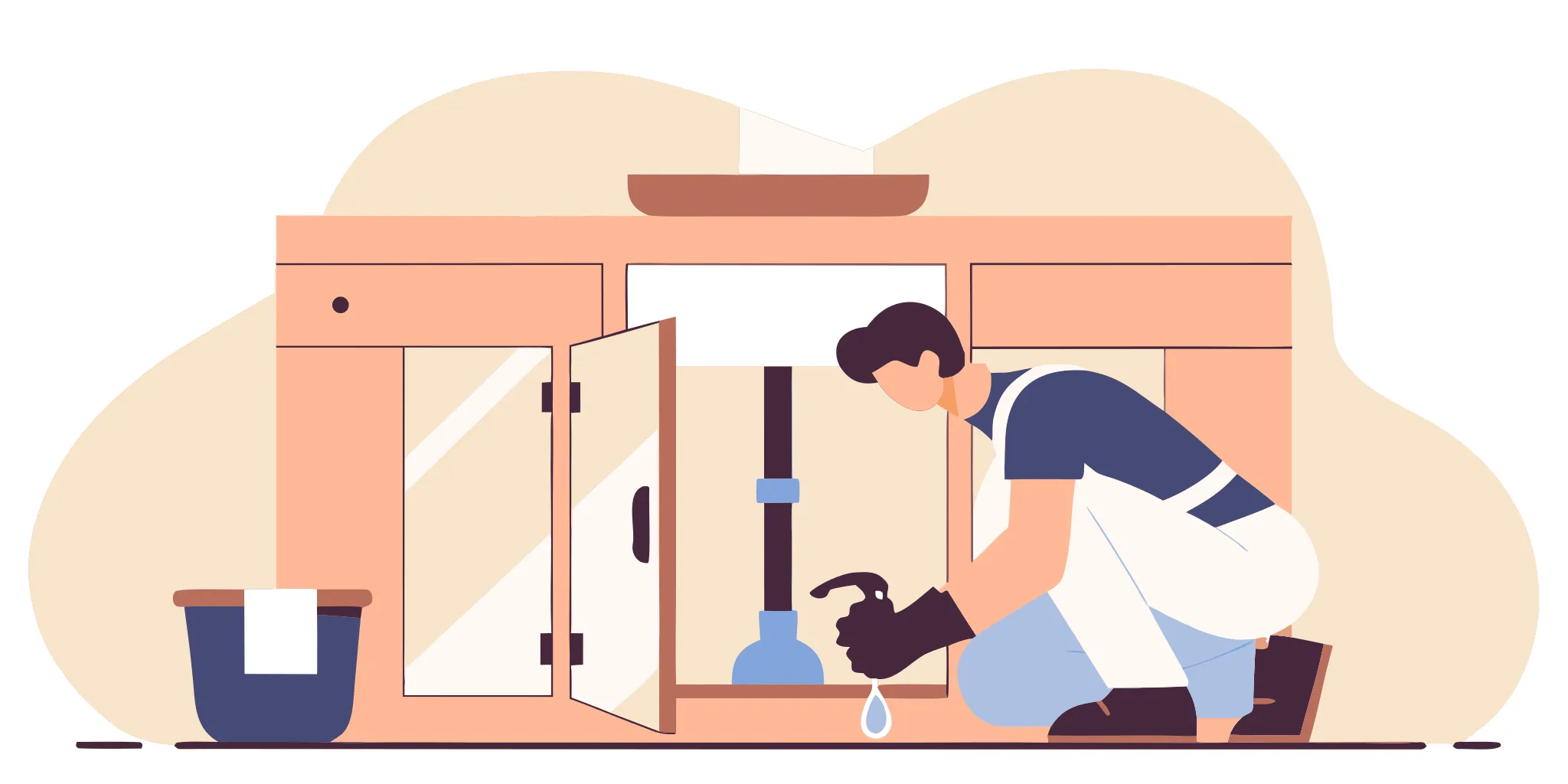 Plumber performing an emergency water leak repair under a kitchen sink.