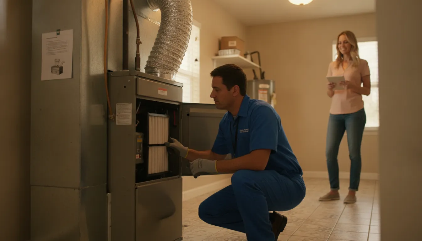 HVAC professional inspecting a residential furnace in a Florida utility room