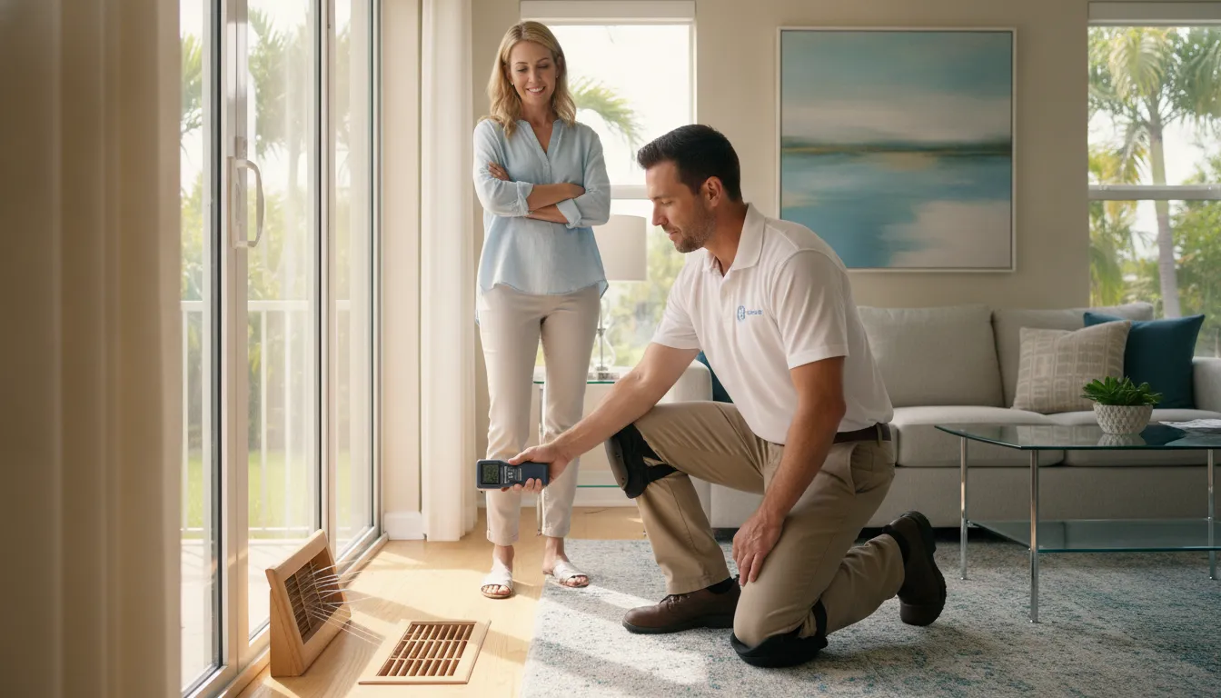 HVAC technician inspecting airflow in a Florida home