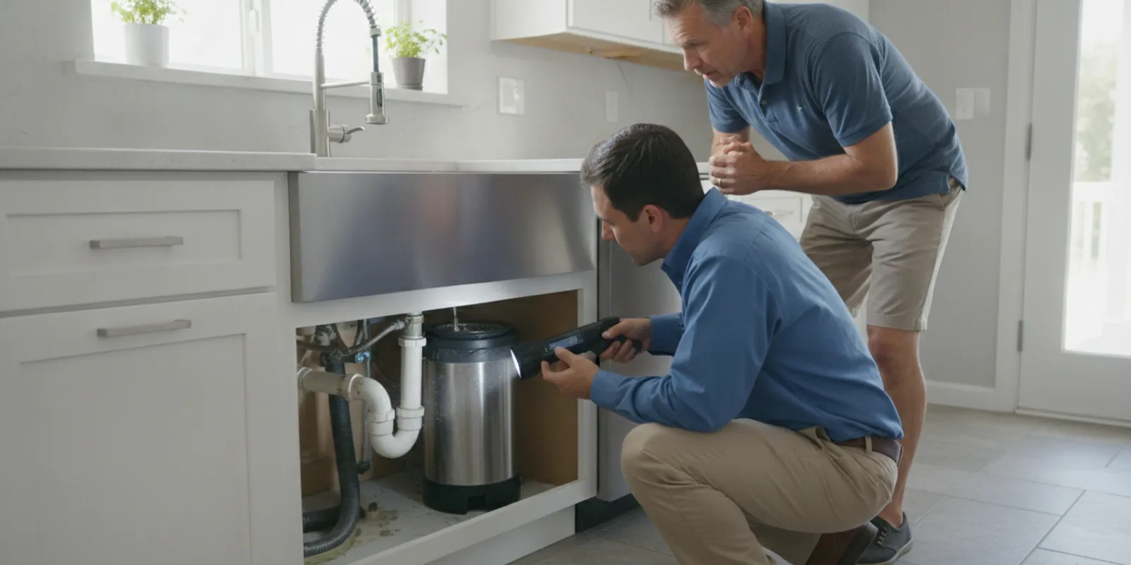 Plumber checking the underside of a kitchen sink near a garbage disposal