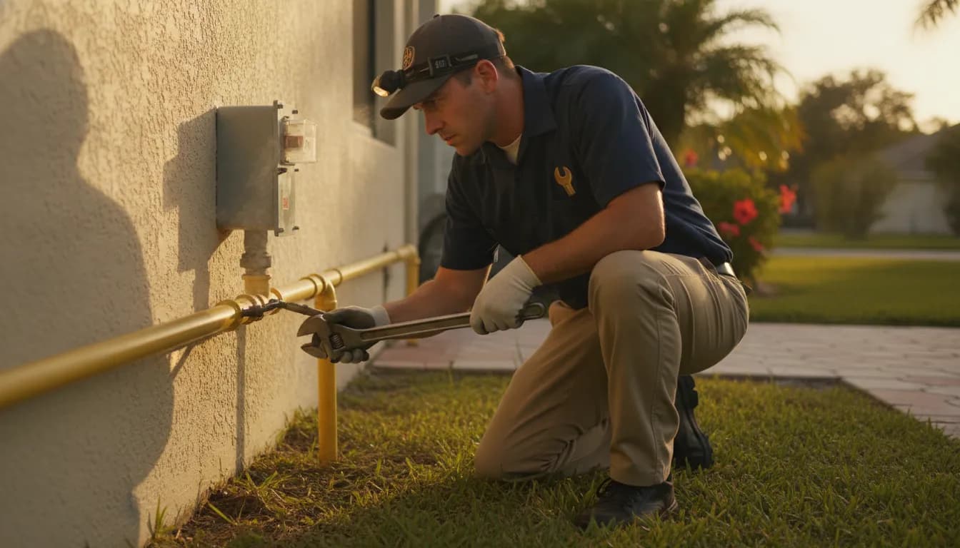 Professional plumber inspecting a residential natural gas line connection