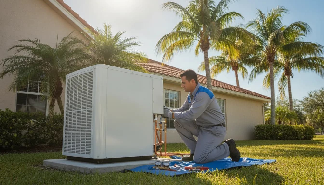 HVAC technician inspecting a heat pump condenser unit beside a Florida home