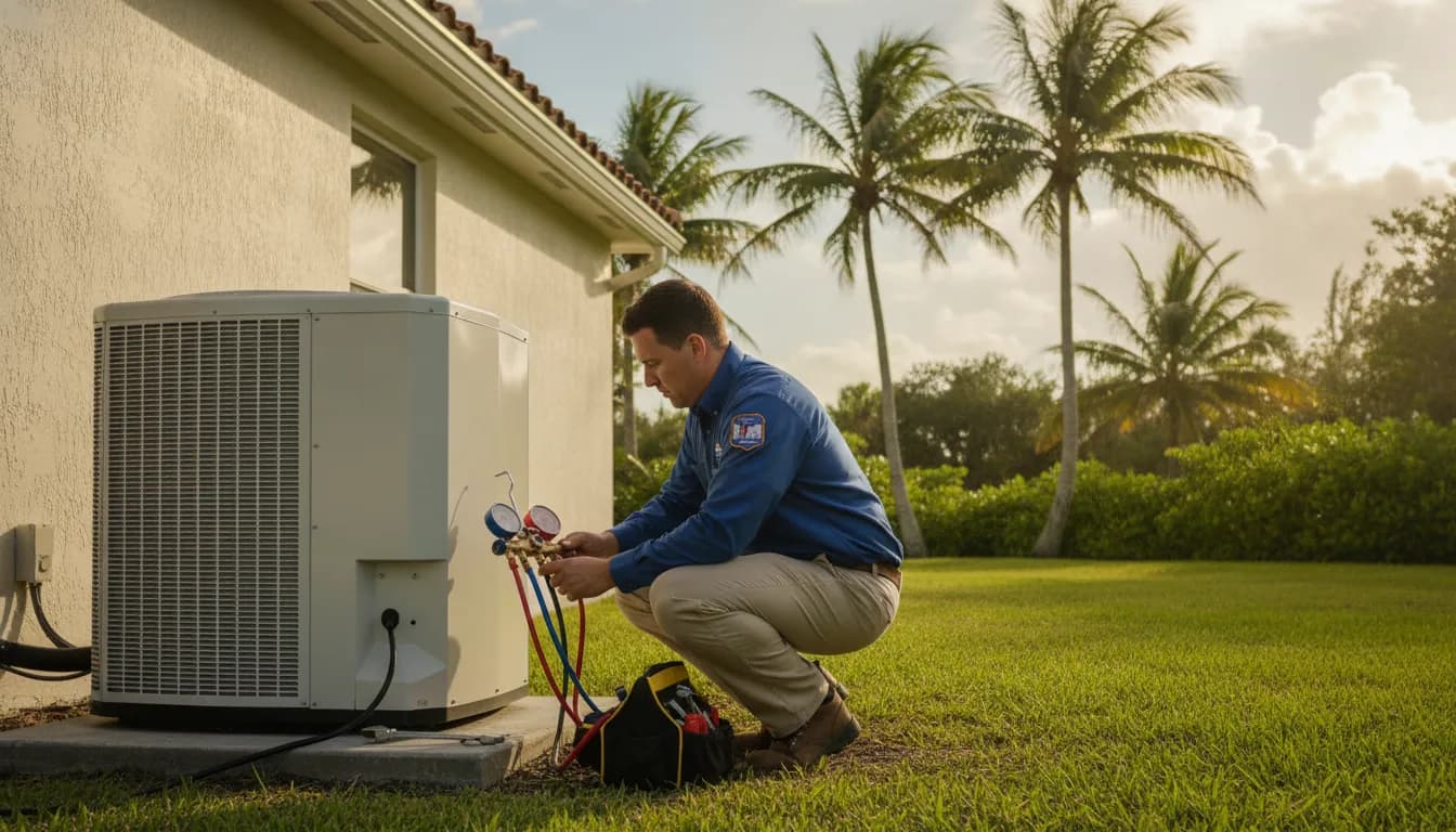 Technician completing heat pump installation beside a Florida home