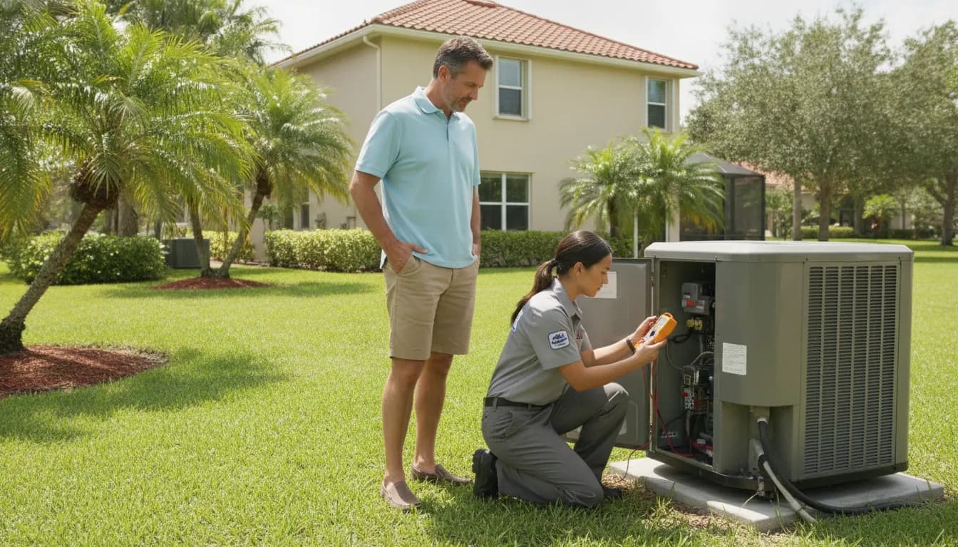 HVAC technician inspecting a residential heat pump in Florida