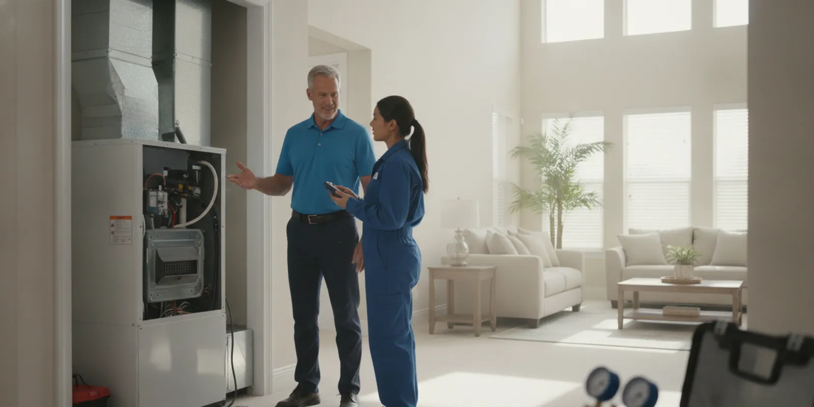 Florida homeowner reviewing an HVAC technician's inspection of a home air conditioning and heating system