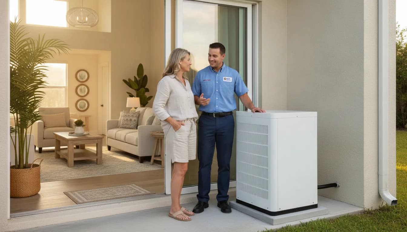 HVAC technician discussing heating repair with a Florida homeowner