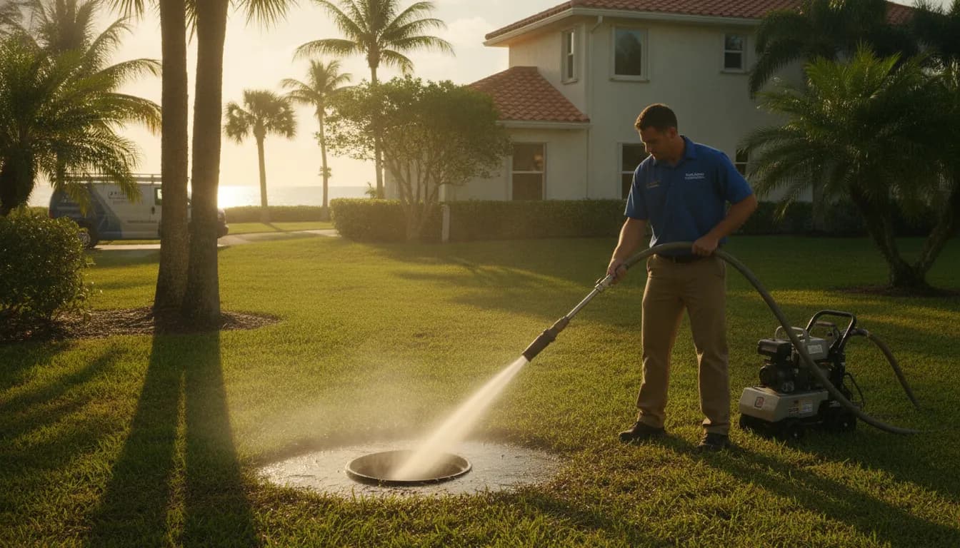 Professional plumber using a high-pressure hydro jetting hose to clean a residential sewer line