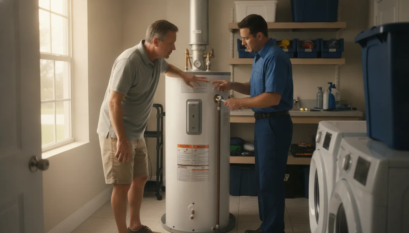 Homeowner and plumber reviewing a residential water heater in a Florida utility room