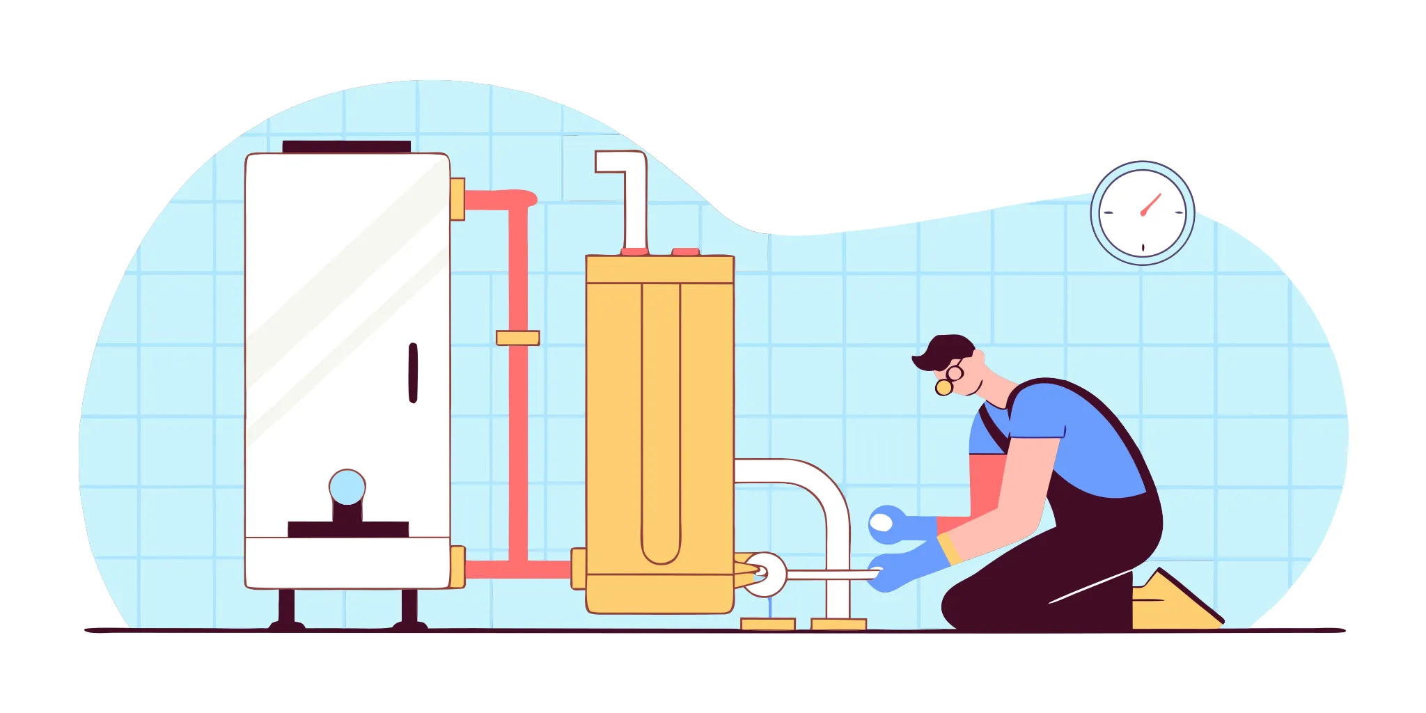 A plumber during the water heater installation process.
