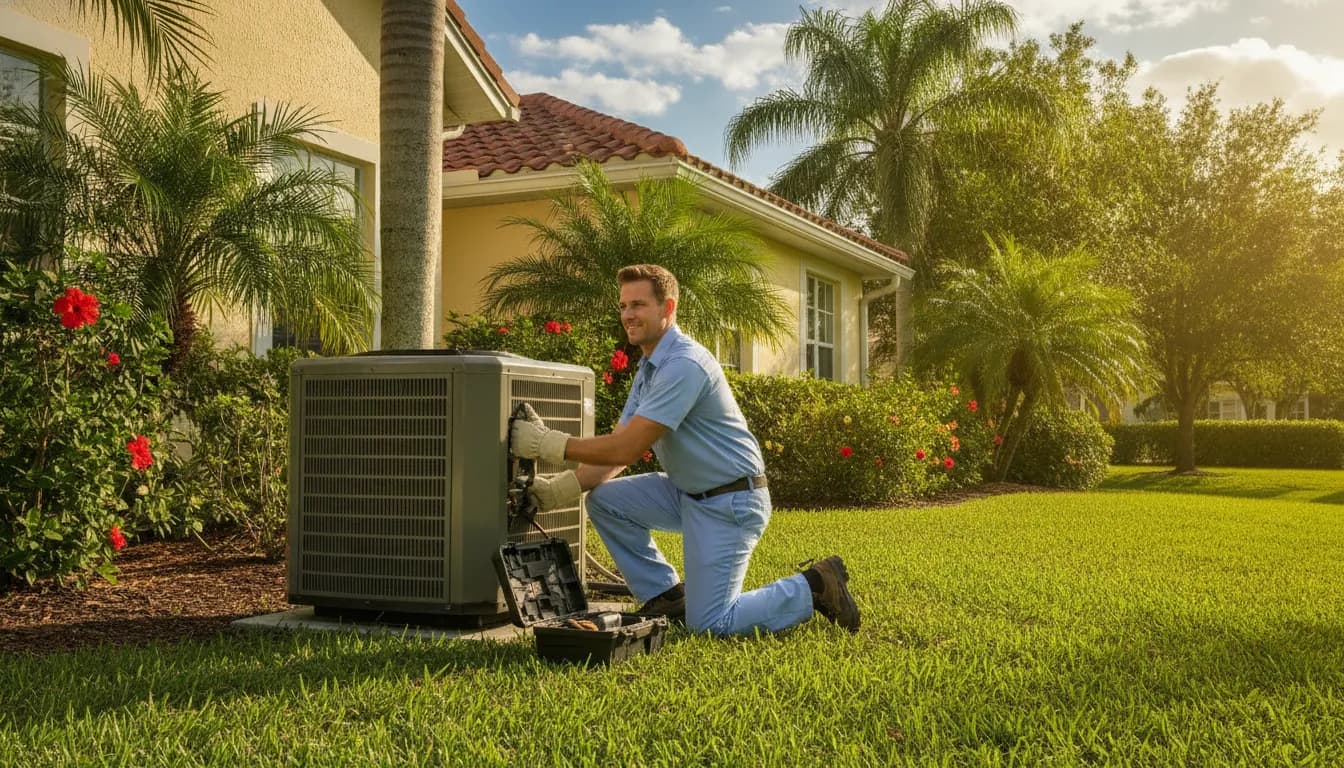 HVAC technician servicing an outdoor air conditioner unit at a Florida home