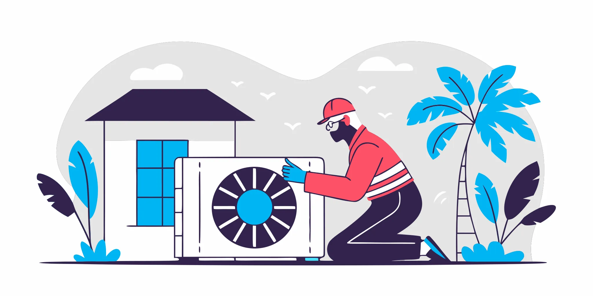 HVAC technician inspecting an air conditioner condenser unit outside a Florida home with palm trees in the background