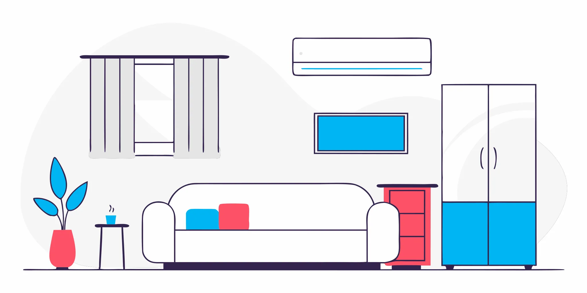 Home air conditioner blowing hot air in a living room.