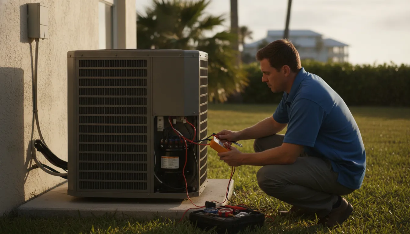 HVAC technician inspecting an outdoor residential condenser unit beside a Florida home