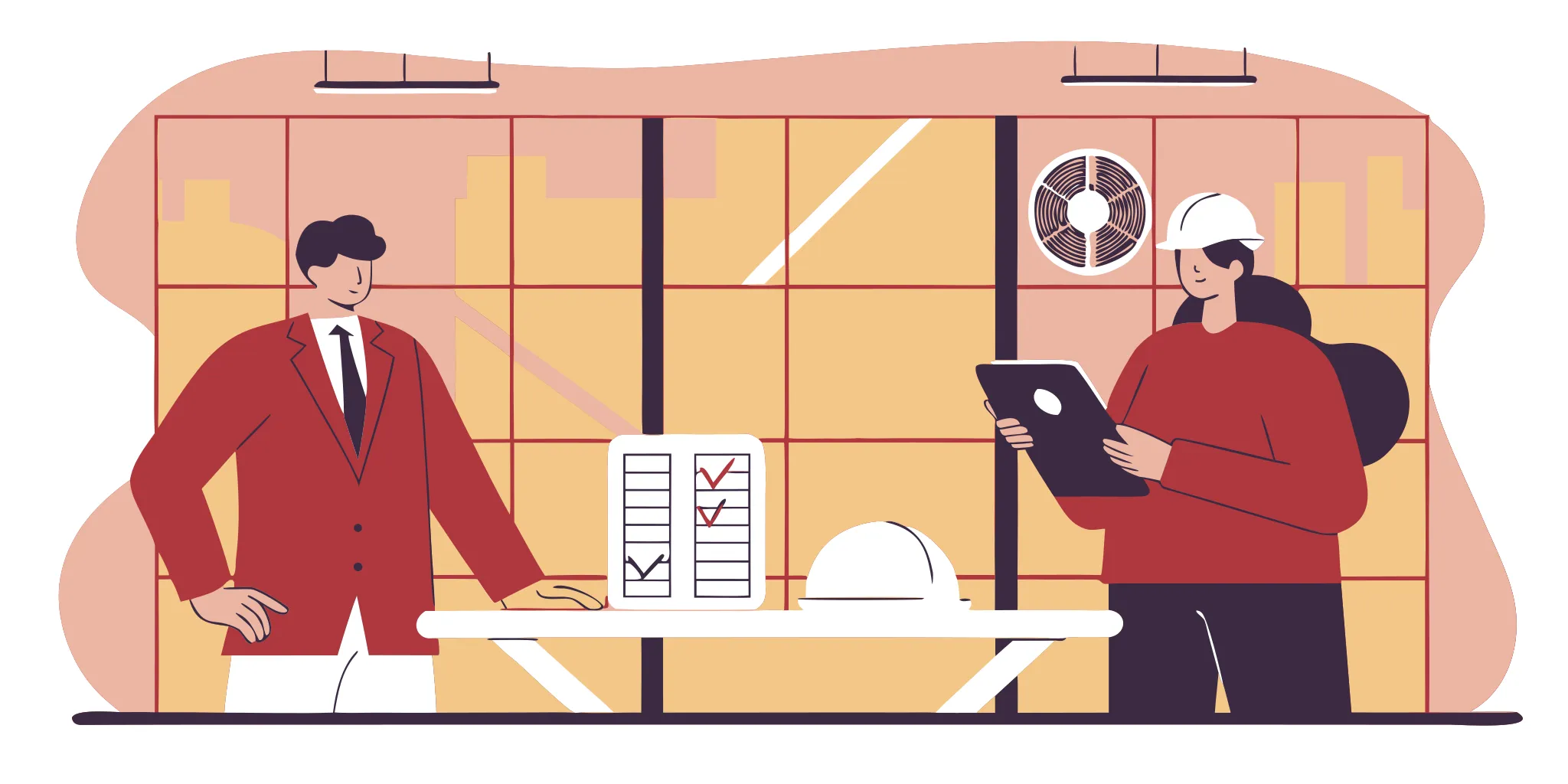 Professionals vetting a commercial HVAC installation company by reviewing project plans.