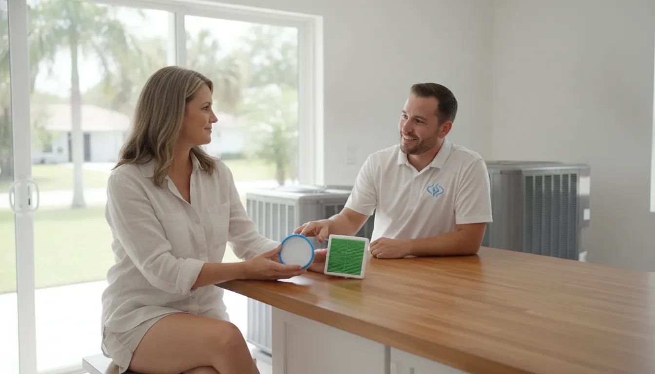 Florida homeowner comparing HVAC service options with a technician