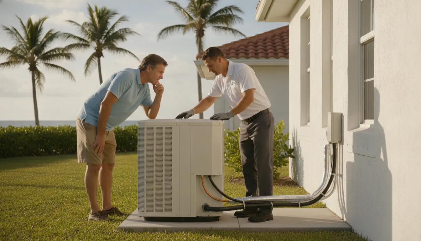 HVAC technician reviewing a new outdoor system at a coastal Satellite Beach home