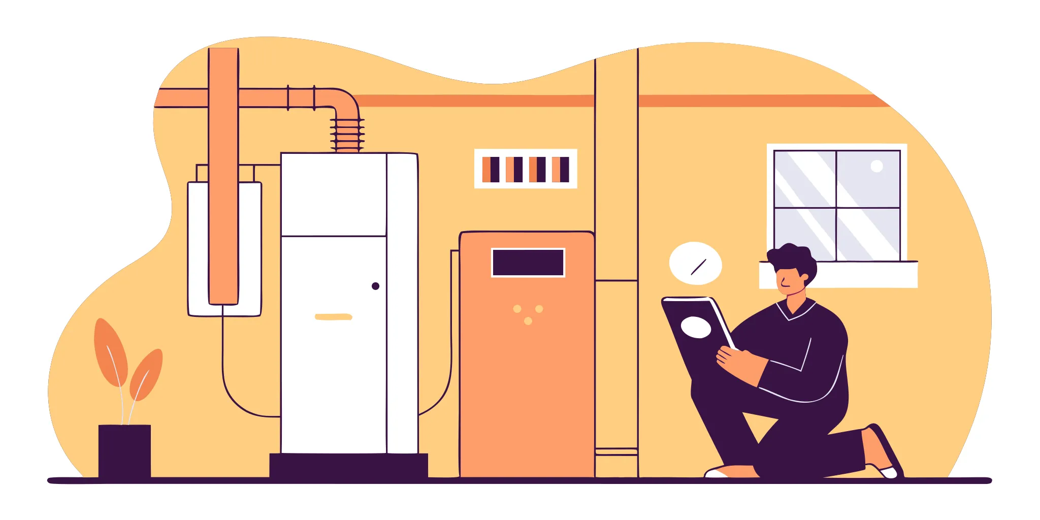 A technician performs HVAC service and repair on a home's heating system.